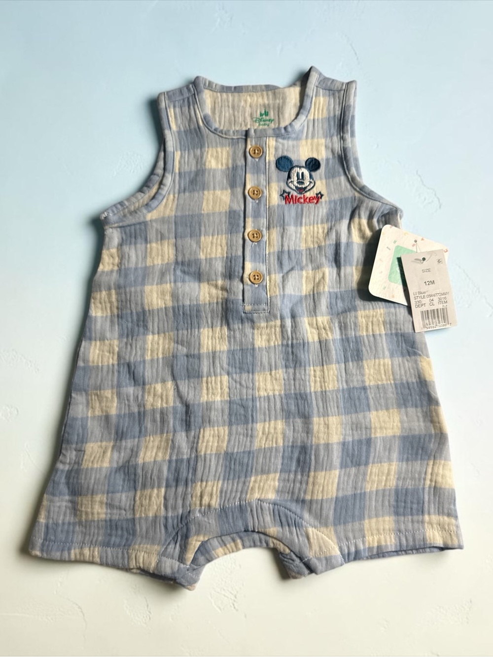 Disney 12M Blue & Cream Gingham Baby Romper